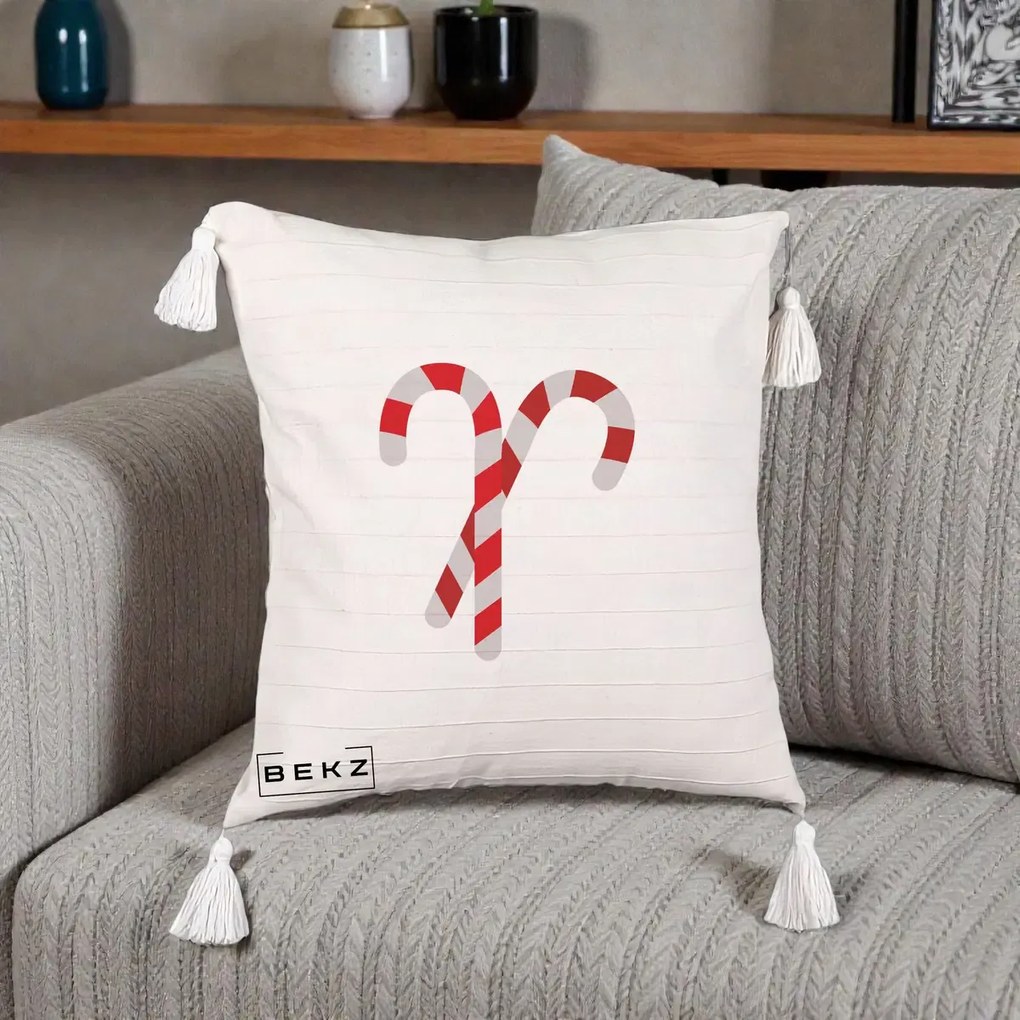 Perna Decorativa Candy Cane de Craciun, 40x40 cm, Bej cu Franjuri, Husa Detasabila, Perna Inclusa, BEKZ®