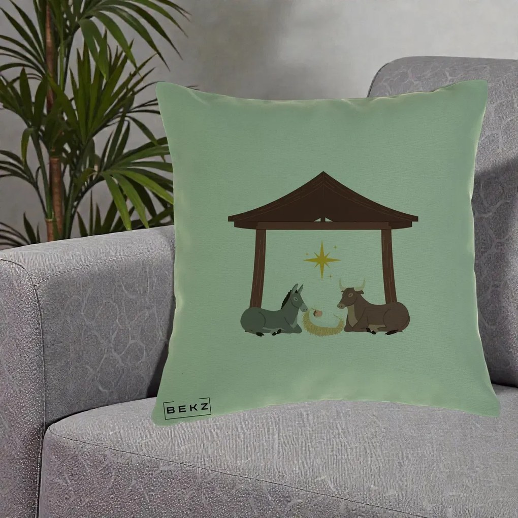 Perna Decorativa Ieslea din Betleem cu Iesle Asin si Bou, 40x40 cm, Verde, Husa Detasabila, Perna Inclusa, BEKZ®