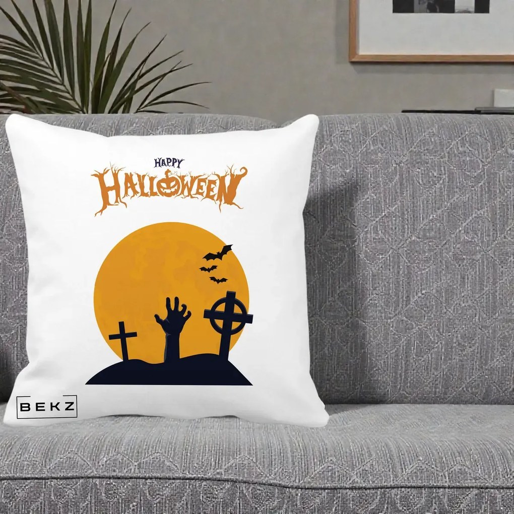 Perna Decorativa Happy Halloween Cimitir cu Luna, 40x40 cm, Alba Mata, Husa Detasabila, Perna Inclusa, BEKZ®