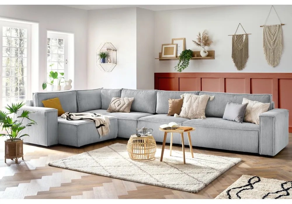 Colțar gri deschis cu tapițerie din catifea reiată (cu colț pe partea stângă ) Nihad modular – Bobochic Paris