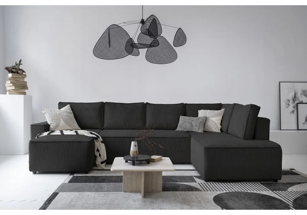 Colțar gri antracit extensibil cu tapițerie din catifea reiată (cu colț pe partea dreaptă/în formă de "U") Brave Dave – Miuform