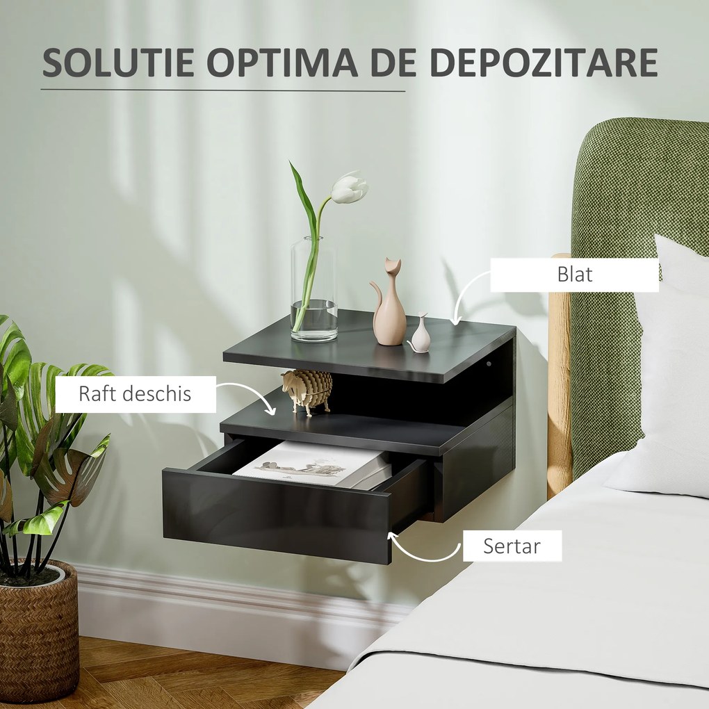 HOMCOM Noptiere Suspendate cu Sertar și Raft Superior din Lemn, 35x32x22,5 cm, Negru | Aosom Romania