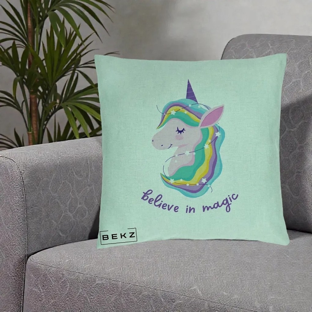Perna Decorativa Unicorn Believe in Magic, 40x40 cm, Verde Menta, Husa Detasabila, Perna Inclusa, BEKZ®