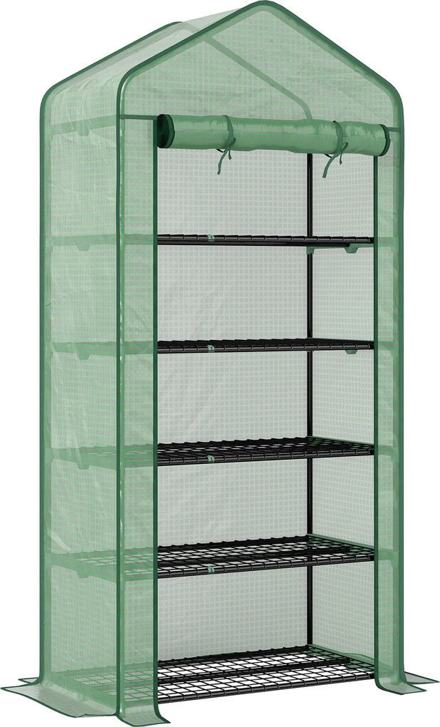 Outsunny Seră Mini pe 5 Niveluri cu Husă Ranforsată, Seră Portabilă cu Ușă Rulabilă și Rafturi de Sârmă, 193x90x49 cm, Verde | Aosom Romania