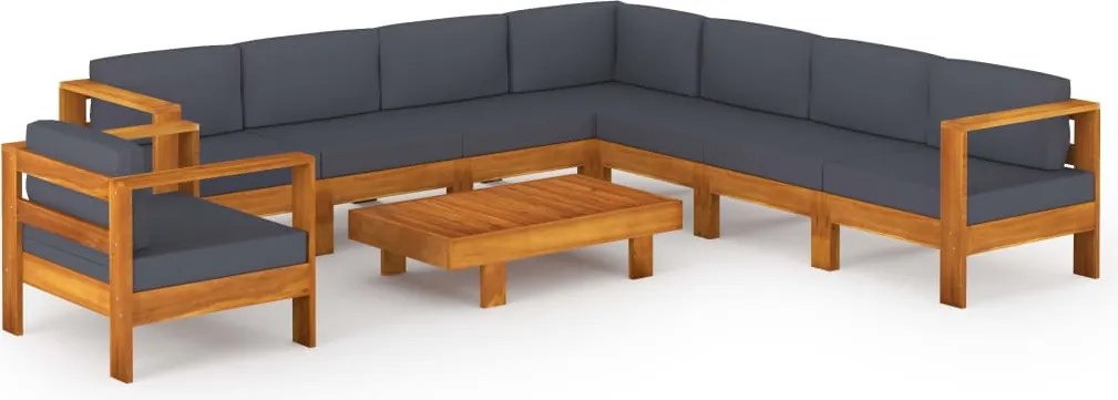 vidaXL Set mobilier grădină perne gri închis, 9 piese, lemn acacia