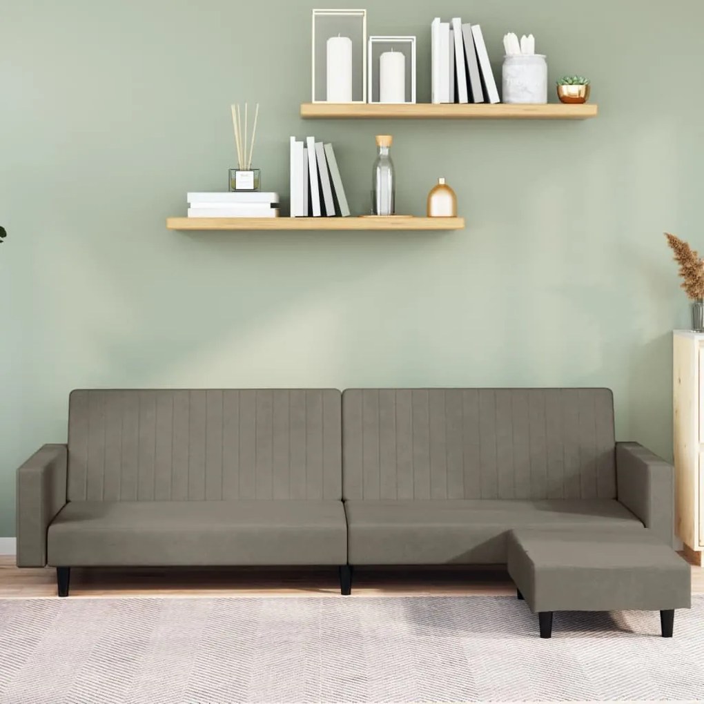 3081865 vidaXL Canapea extensibilă cu taburet, 2 locuri, gri deschis, catifea