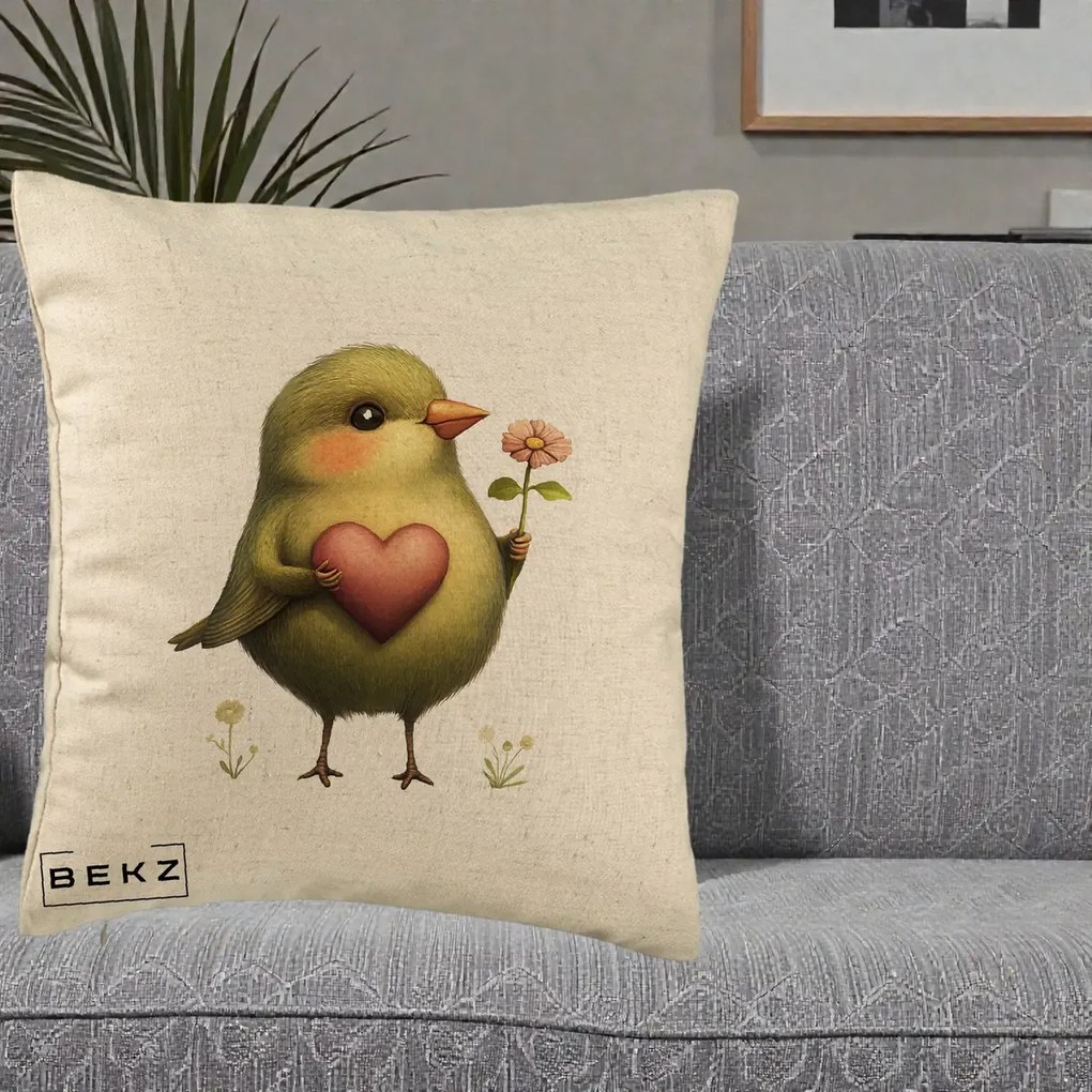 Perna Decorativa Pasare Verde cu Inima si Floare, 40x40 cm, Bej, Husa Detasabila, Perna Inclusa, BEKZ®