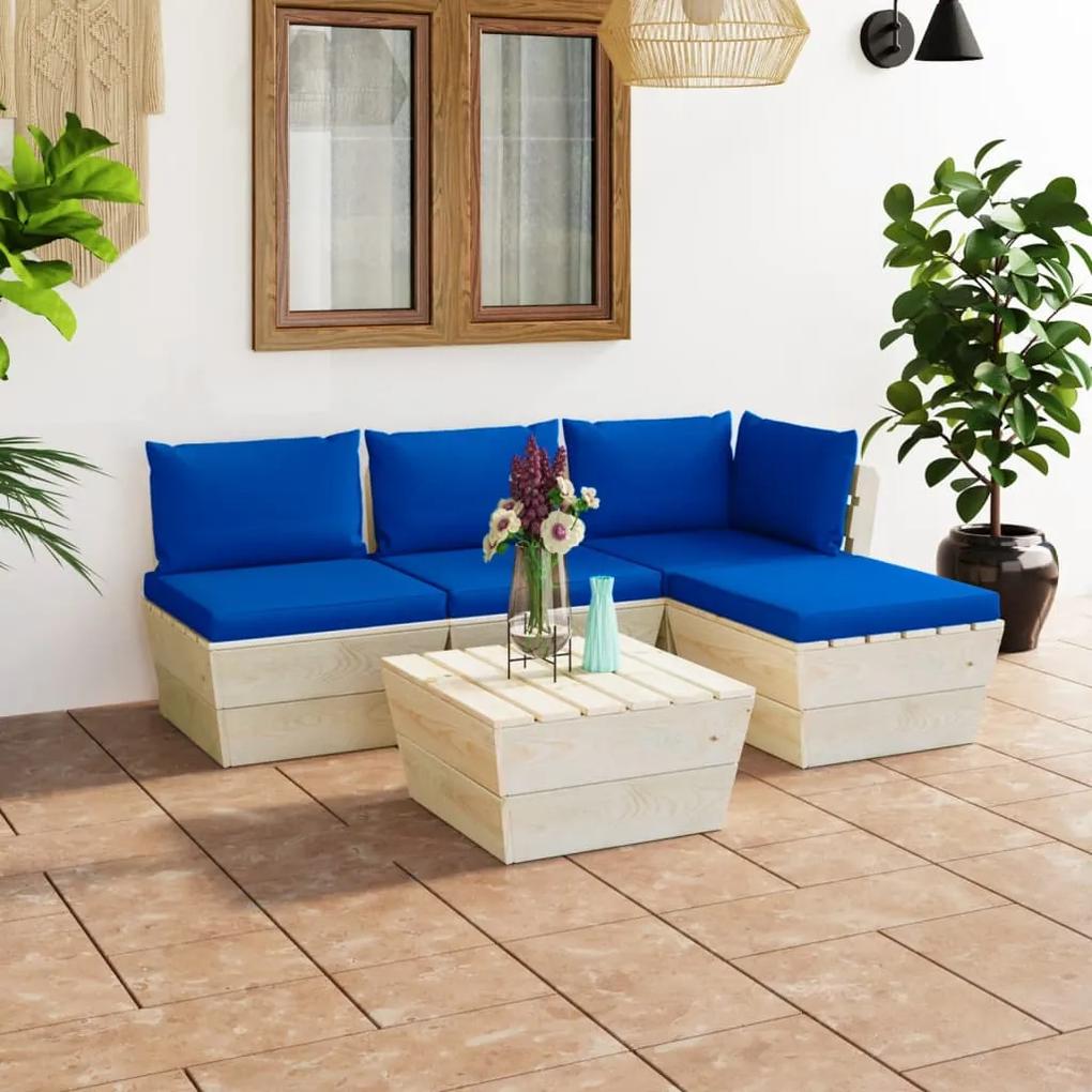 Set mobilier gradina din paleti cu perne, 5 piese, lemn molid Albastru, colt + 2x mijloc + masa + suport pentru picioare, 1