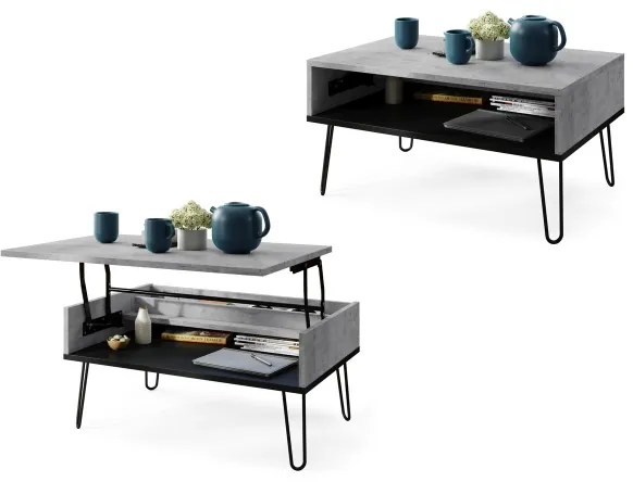 Masă de cafea HALIJA cu blat rabatabil și raft, gri beton / negru