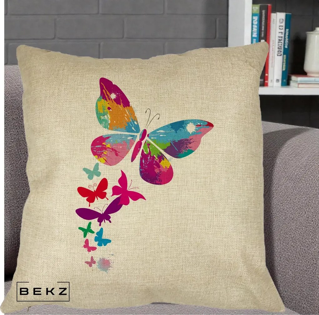 Perna Decorativa Fluturi Splash, 40x40 cm, Crem, Husa Detasabila, Perna Inclusa, BEKZ®