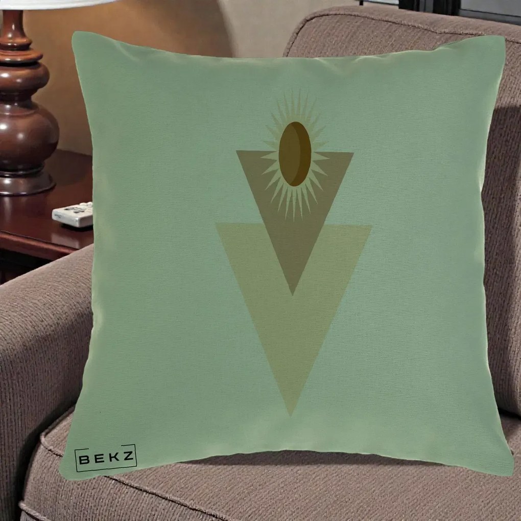 Perna Decorativa Boho Sun cu Triunghiuri Bej si Oval Solar, 40x40 cm, Verde, Husa Detasabila, Perna Inclusa, BEKZ®