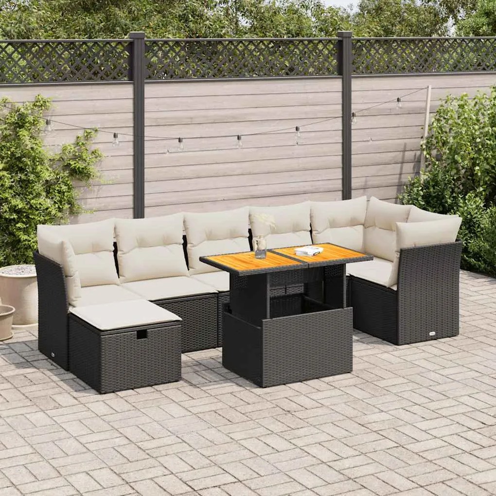 3327980 vidaXL Set mobilier grădină perne 8 piese negru, poliratan/lemn acacia