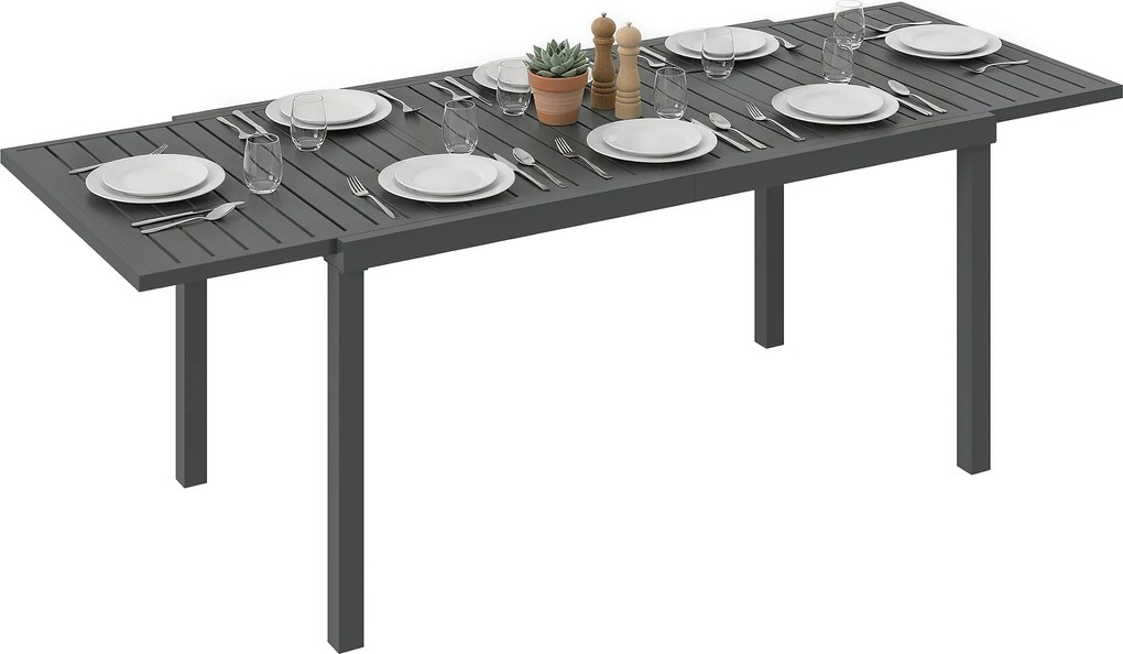 Outsunny Masă de Grădină Extensibilă 150/225x85x75 cm Masă de Luat Masa din Aluminiu cu Blat cu Șipcă pentru 6-8 Persoane Gri | Aosom Romania