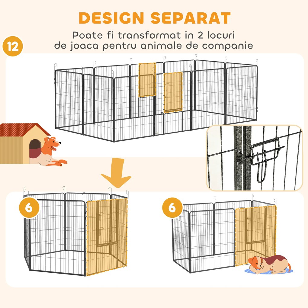 PawHut Gard pentru Câini, Incintă Modulară pentru Câini din 8 Secții pentru Interior și Exterior, 80x100 cm, Negru | Aosom Romania