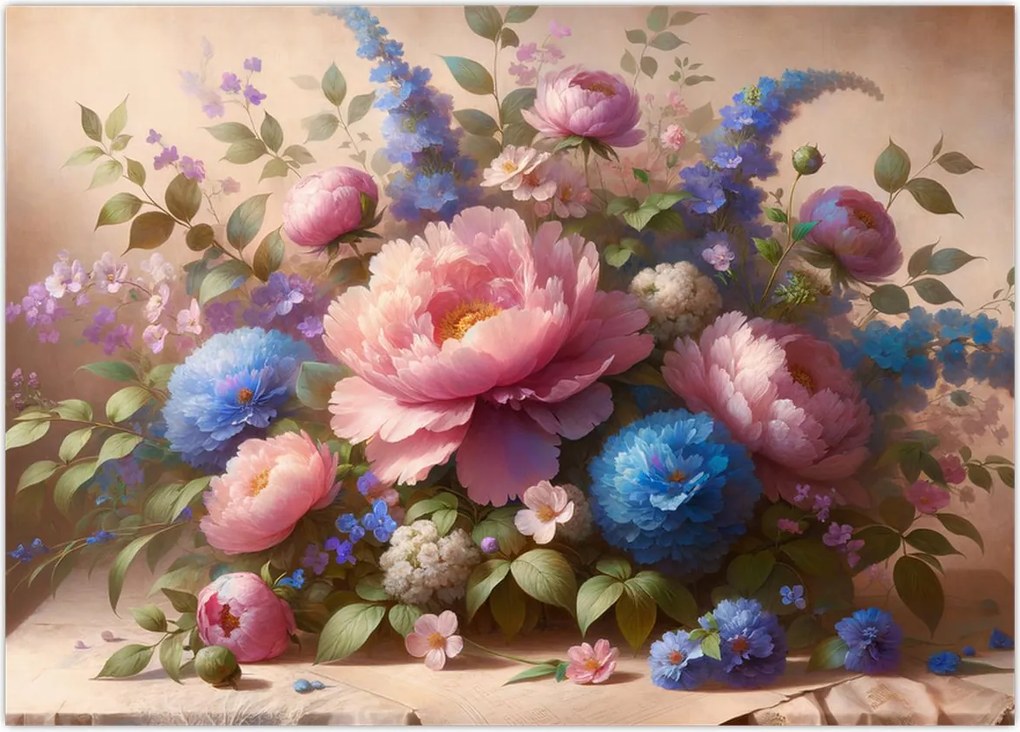 Tablou pe sticlă - Masă plină de flori (70x50 cm)