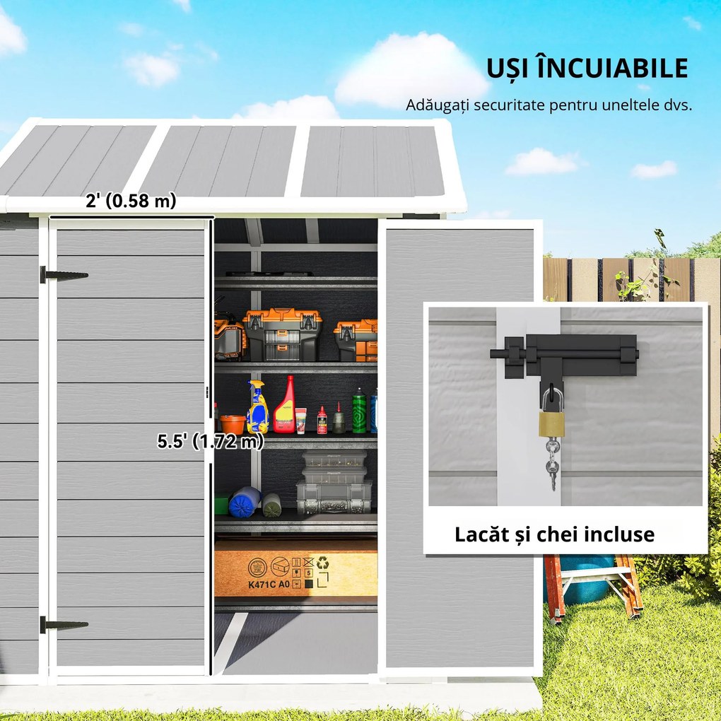 Outsunny Șopron de Grădină pentru Depozitare Unelte cu Pardosea, Două Uși și Încuietoare, 181x181x220 cm, Gri | Aosom Romania