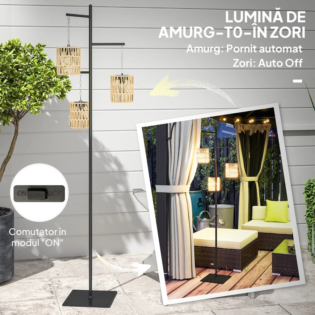 Outsunny Lampă de Exterior Solară cu 3 Lumini în Stil Boho cu Bază Pătrată, 45x45x178 cm, Negru | Aosom Romania