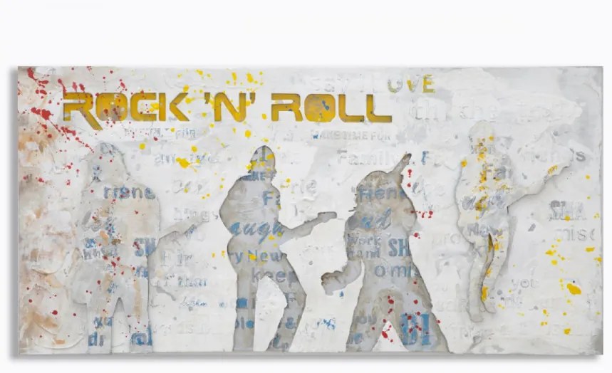 Tablou alb / gri din lemn de pin si panza, 120 x 3 x 60 cm, Rock N Roll Mauro Ferreti