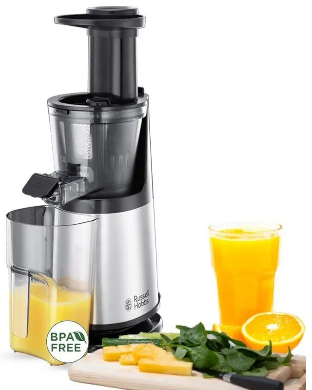 Storcator de fructe si legume Russell Hobbs 25170-56, 150 W, 3 site, 0.7 L,  Miscare inversa, Presare la rece, Inox/Negru