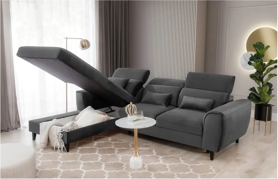 Colțar gri închis extensibil/cu spațiu de depozitare cu tapițerie din catifea (cu colț pe partea stângă/cu șezlong) Foble – ELTAP