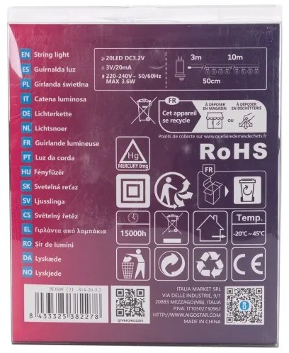 Aigostar - Instalație luminoasă decorativă LED pentru exterior, 20xLED/13m, IP44, alb rece