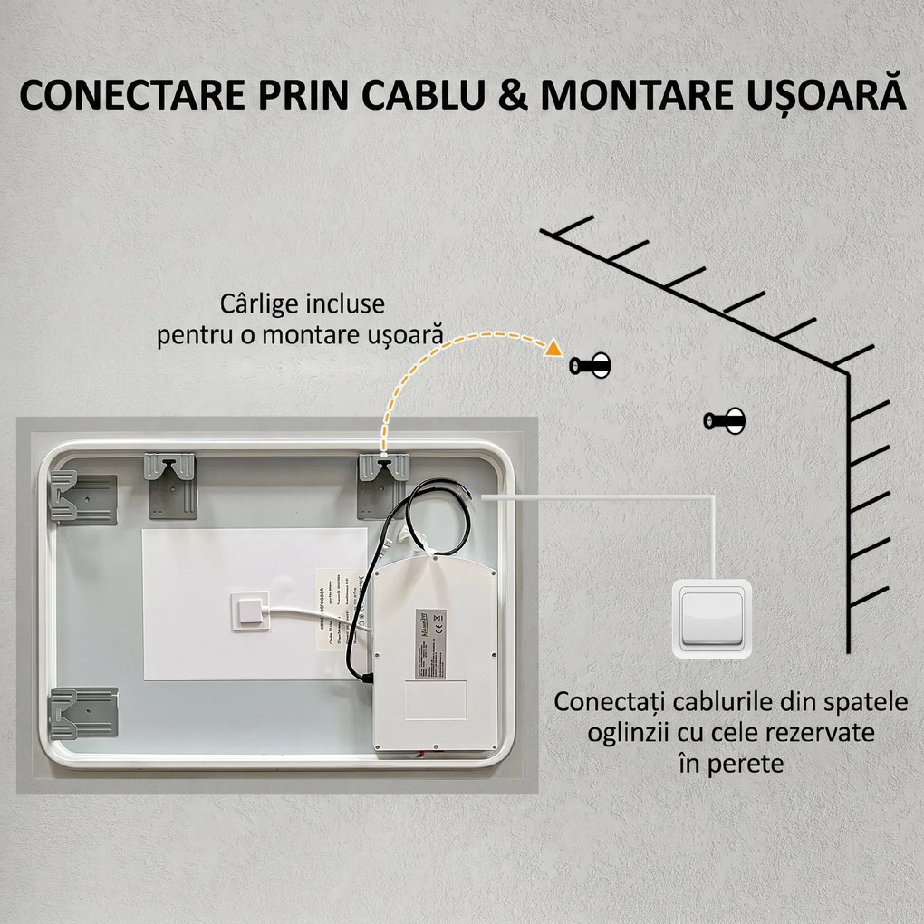 Kleankin Oglinda LED, Oglinda de Machiaj de Perete cu 3 Lumini, 800x600mm, Tactilă, Anti-Ceță, Montare Orizontală/Verticală | Aosom Romania