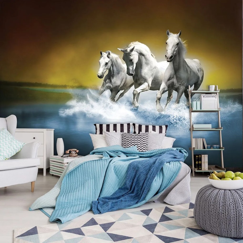 Fototapet - Calul alb în galop pe apă (152,5x104 cm)
