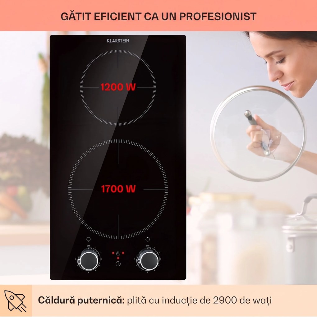 Klarstein Kochheld, plită cu inducție cu 2 zone, 2900 W, butoane rotative, sticla, negru