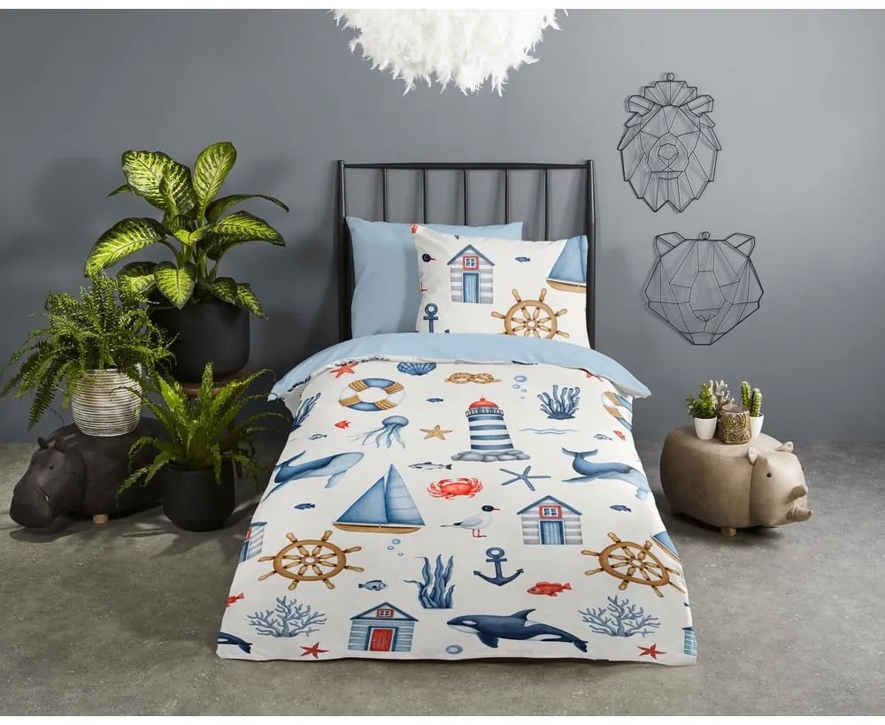 Lenjerie de pat pentru copii albastră-crem din bumbac pentru pătuț 100x135 cm Ahoy – Good Morning
