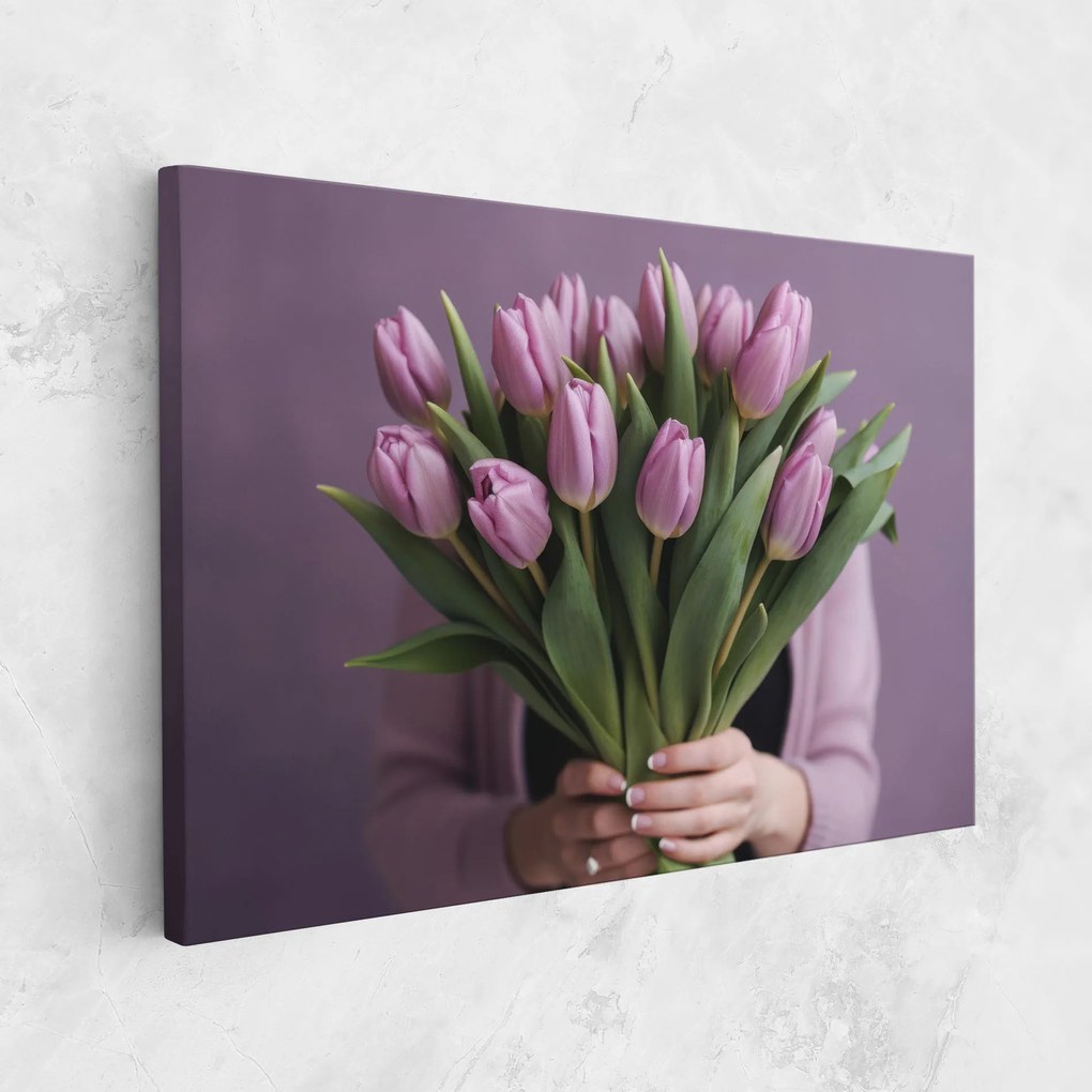 Tablou Canvas, 70x100cm, Dormitor si Living, Flori, Lalele, Holding Pink Tulips