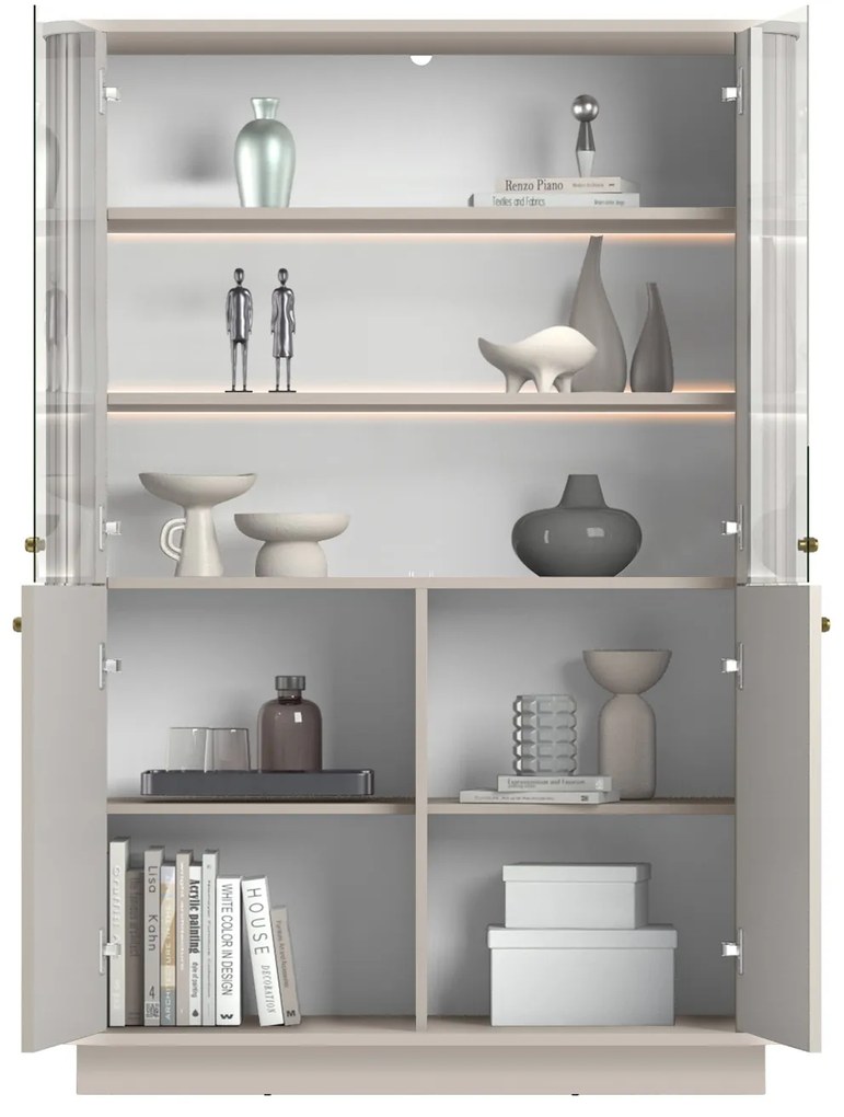 Vitrină cu patru uși pe soclu Vesper 103 cm - cașmir / mânere aurii