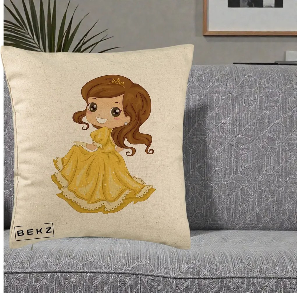 Perna Decorativa Printesa Bella Rochie Aurie, 40x40 cm, Bej, Husa Detasabila, Perna Inclusa, BEKZ®