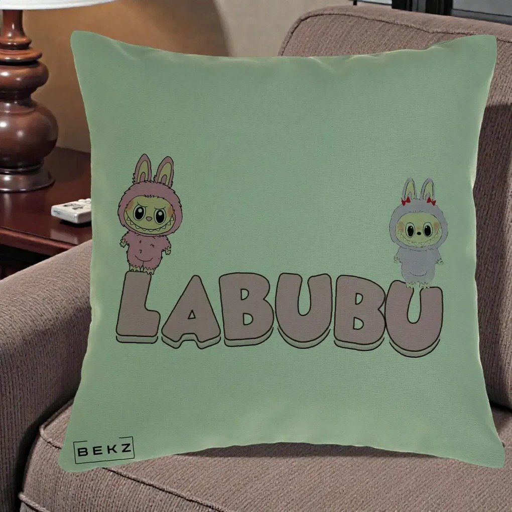Perna Personalizata Labubu Duo Roz-Lila cu Text, 40x40 cm, Verde, Husa Detasabila, Perna Inclusa, BEKZ®