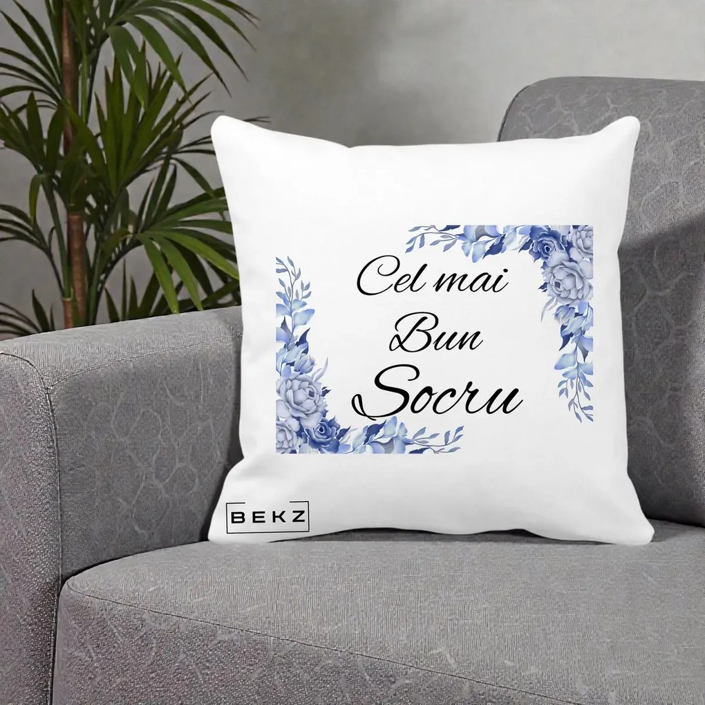 Cadou pentru Socru - Perna Personalizata Cel mai Bun Socru cu Flori Albastre Acuarela, 40x40 cm, Alba Mata, Husa Detasabila, Perna Inclusa, BEKZ®