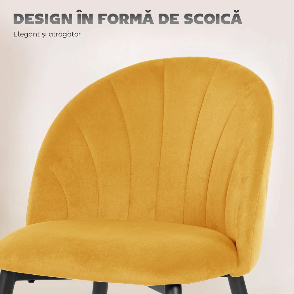 HOMCOM Set 2 Scaune pentru Sufragerie din Catifea, Scaune de Bucătărie cu Spătar Curbat în Formă de Scoică, Picioare din Oțel, Stil Nordic, Scaun Tapițat pentru Bucătărie, Dormitor, Living, Galben | Aosom Romania