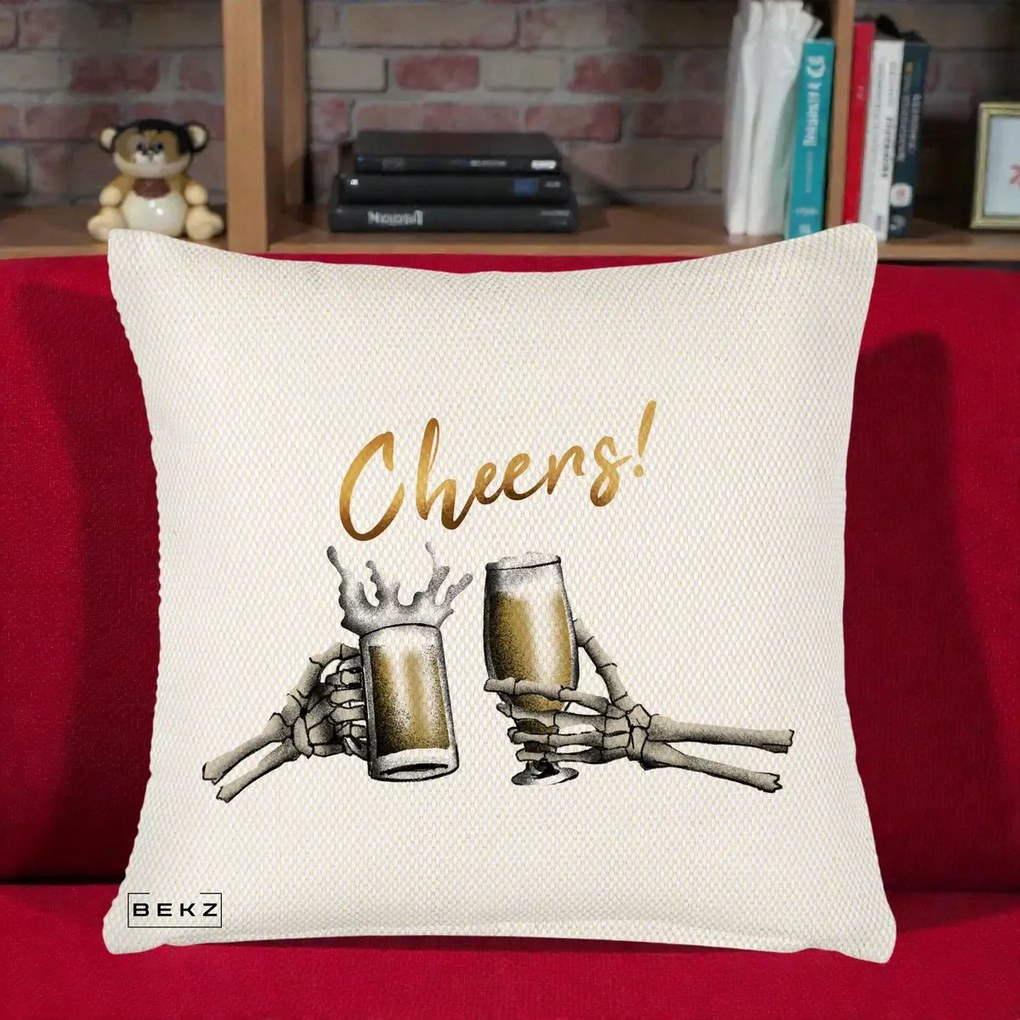 Perna Decorativa Halloween Cheers Schelete cu Bere, 40x40 cm, Crem Reliefat, Husa Detasabila, Perna Inclusa, BEKZ®