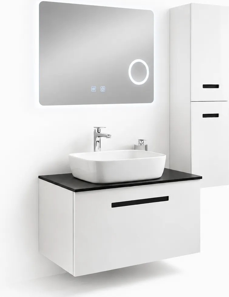Set Mobilier Baie Troia 80 cm oglinda cu LED, dezaburire si lupa, lavoar ceramic, blat compozit, soldat inclus, MDF total (WB-BC202)