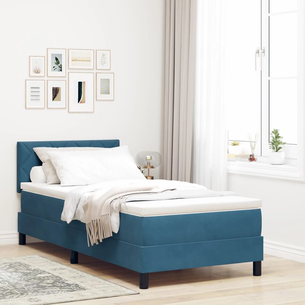 vidaXL Pat box spring cu saltea, albastru închis, 90x200 cm, catifea