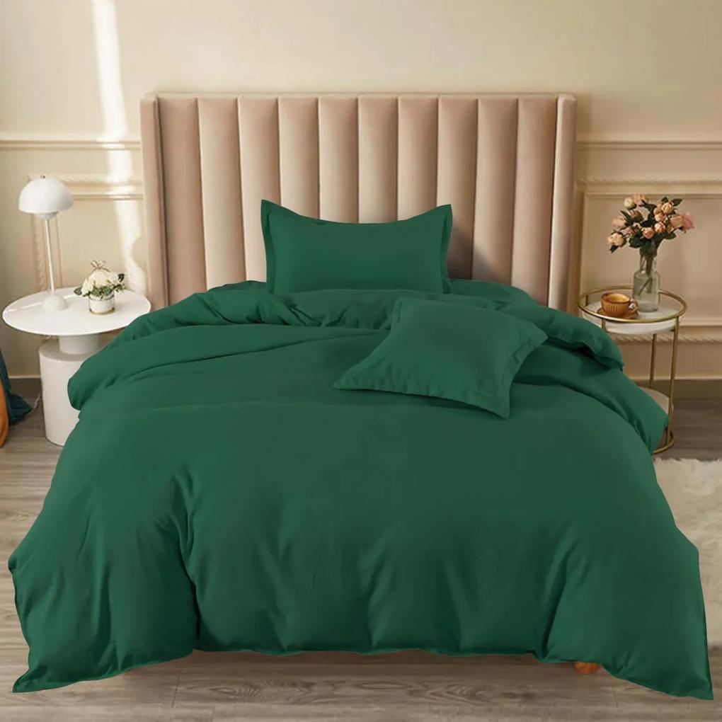 Lenjerie de pat cu elastic, uni, tesatura tip finet, pat 1 persoana, verde inchis, 4 piese, FJ1-76