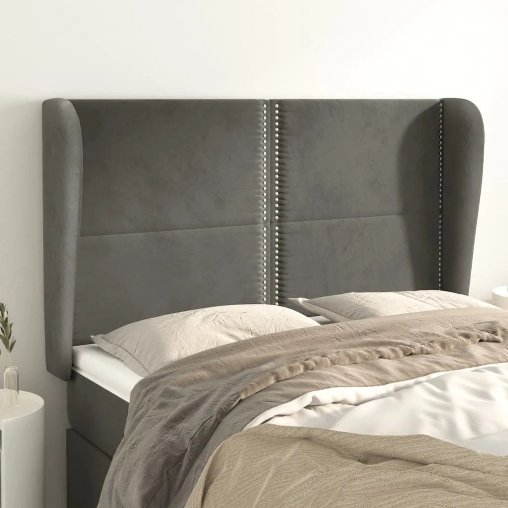 vidaXL Tăblie de pat cu aripioare gri închis 147x23x118/128 cm catifea