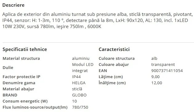 Aplica LED de exterior cu senzor de miscare IP44 HELGA