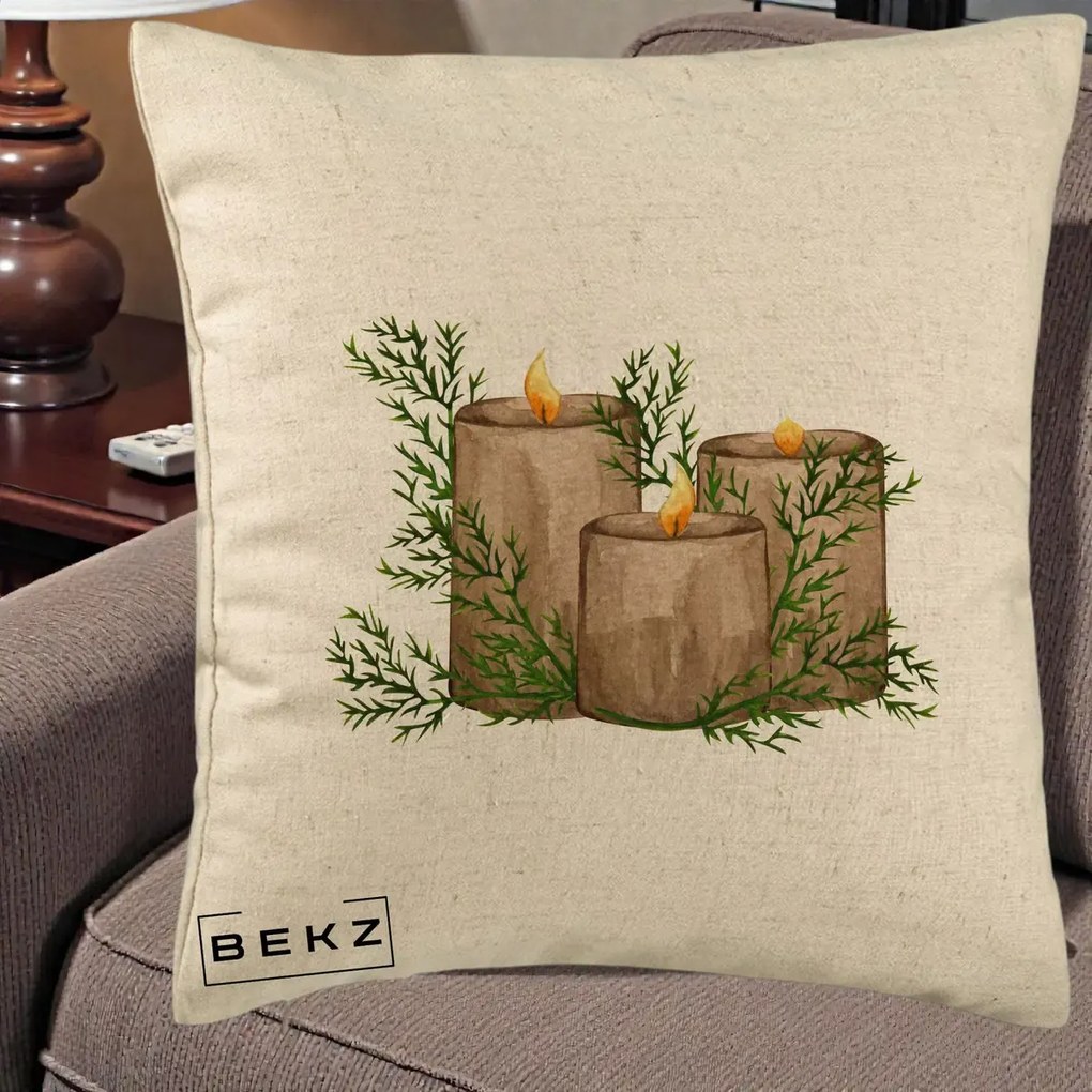 Perna Decorativa Lumanari Rustice cu Crengute Brad, 40x40 cm, Bej, Husa Detasabila, Perna Inclusa, BEKZ®