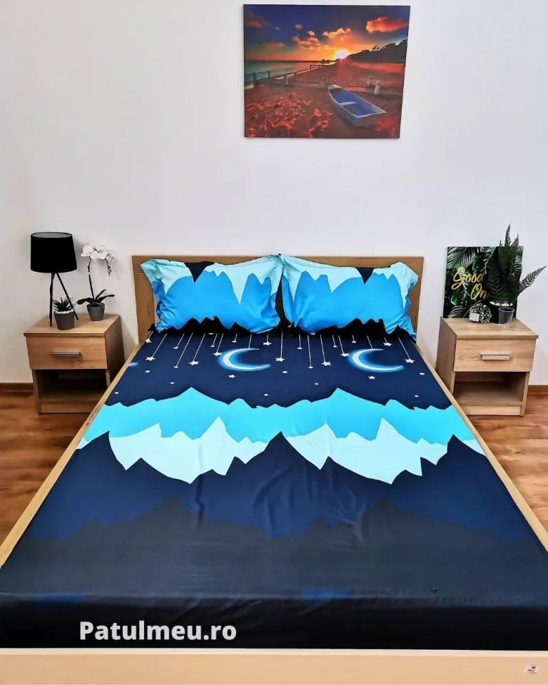 Husa de pat si 2 fete de perna, 3 piese, pat 2 persoane, 180x200 cm, albastru, HB-62