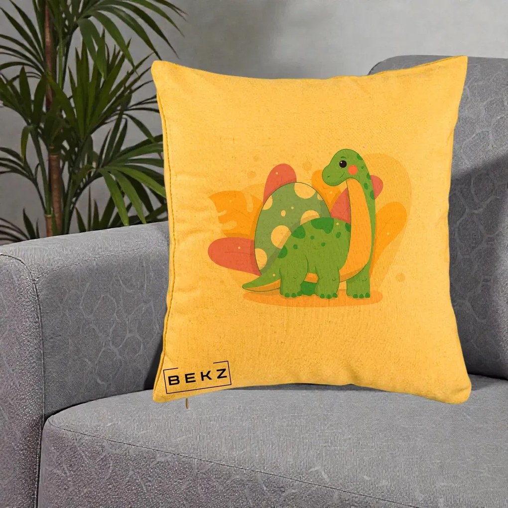 Perna Personalizata Dinozaur cu Ou Pastelat, 40x40 cm, Galben, Husa Detasabila, Perna Inclusa, BEKZ®