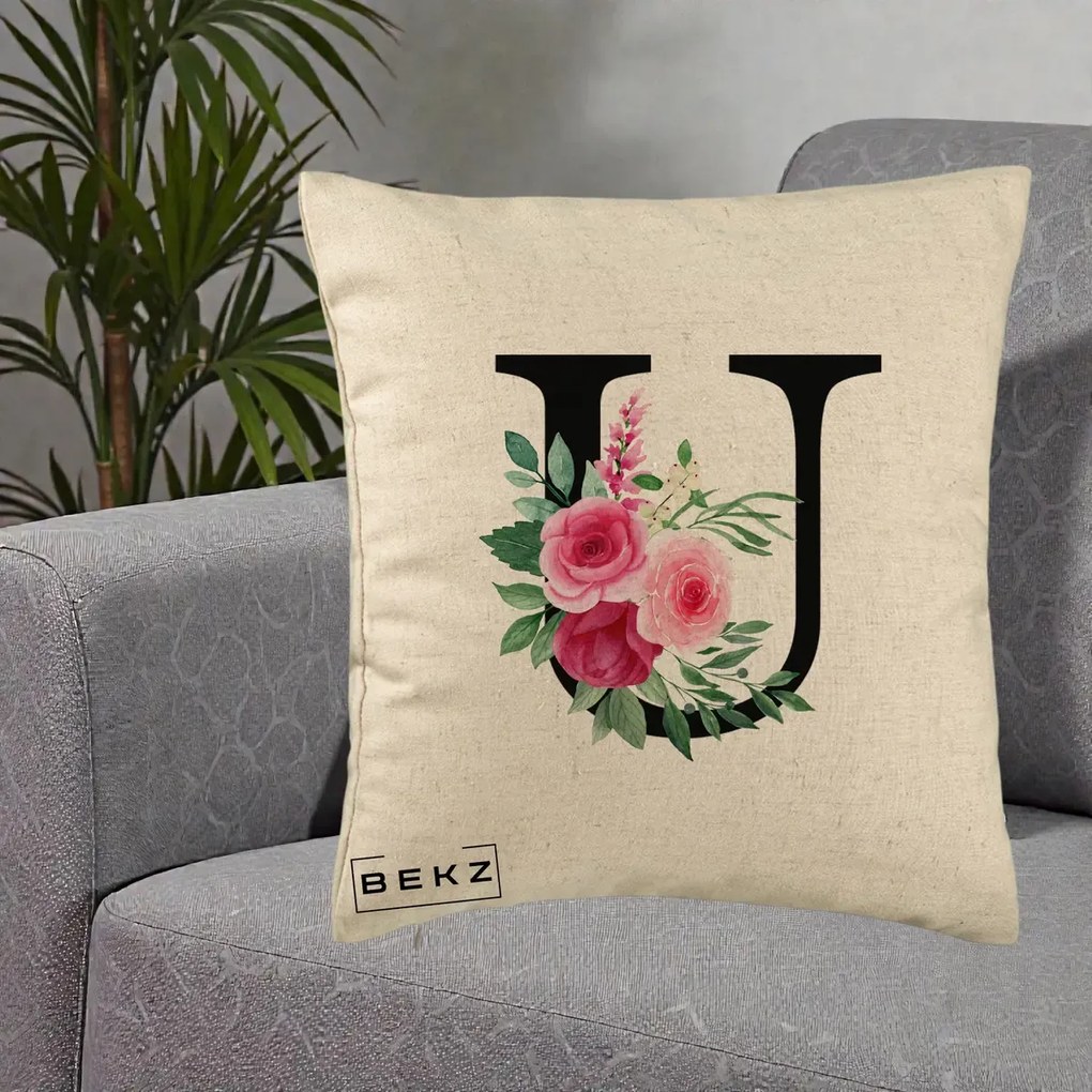 Cadou Personalizat - Perna Personalizata Monograma Florala Litera U, 40x40 cm, Bej, Husa Detasabila, Perna Inclusa, BEKZ®