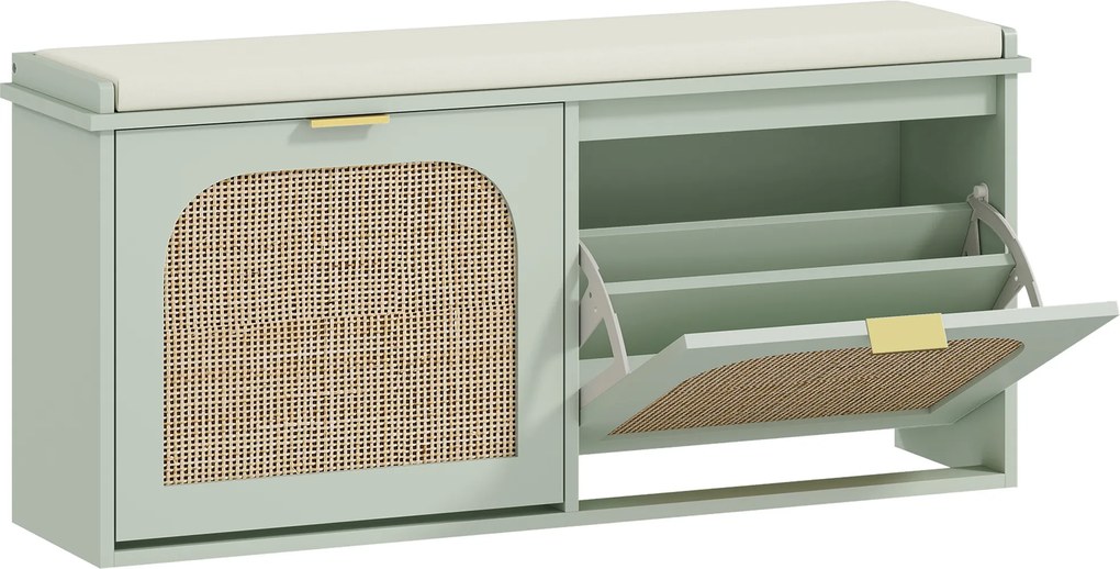 HOMCOM Bancă pentru încălțăminte, banc de depozitare, șezut căptușit, sertare rabatabile, ușă din ratan, 104 x 26 x 47,5 cm, verde | Aosom Romania