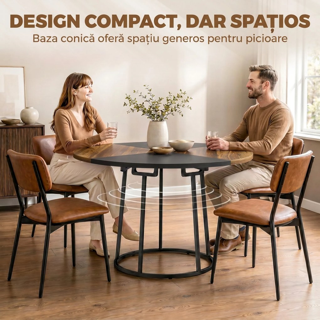 HOMCOM Masă de Dining Rotundă pentru 4-6 Persoane, Blat Bicolor MDF și Metal, 120x120x75 cm, Maro Rustic și Negru | Aosom Romania