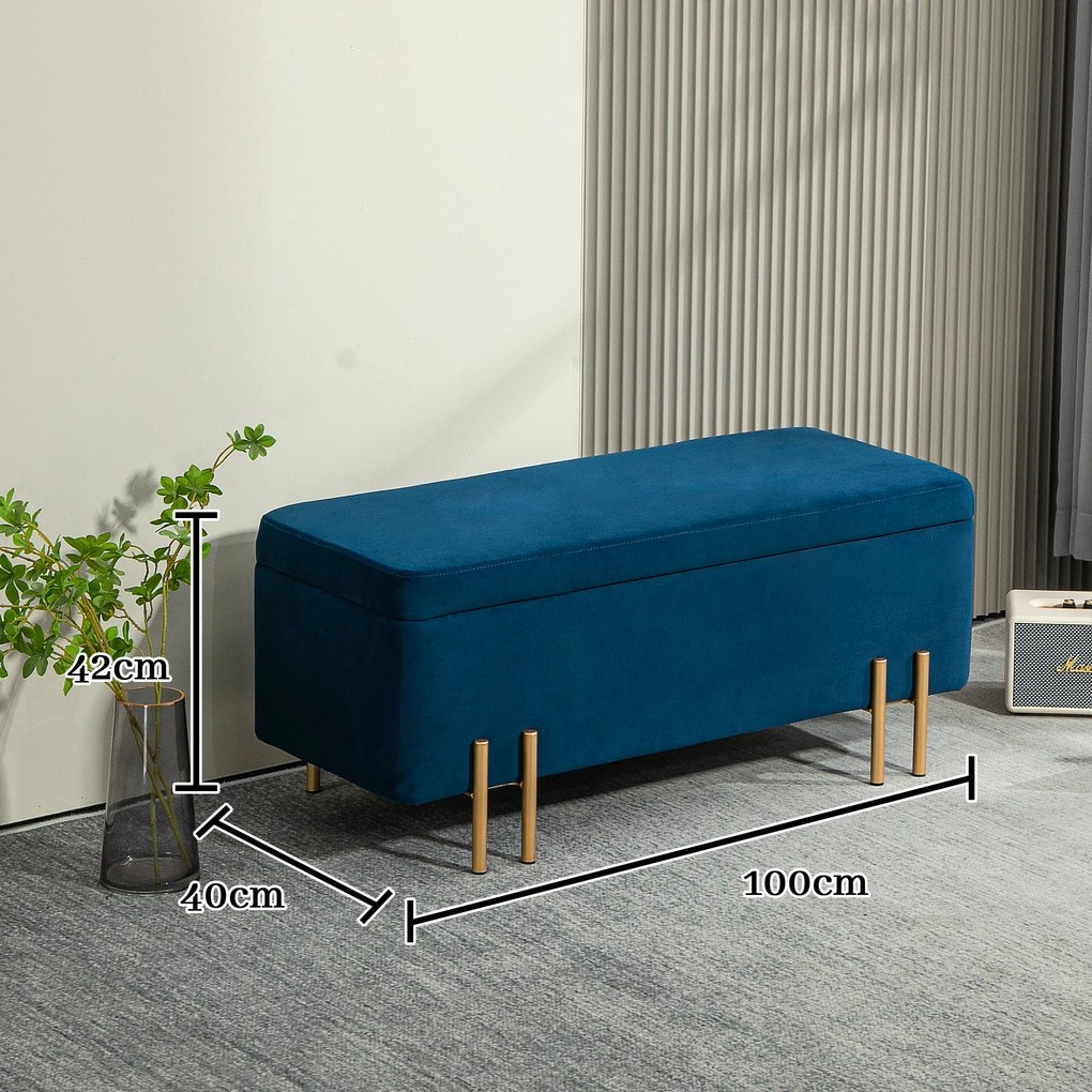 HOMCOM Băncuță, Băncuță Capitonată cu Spațiu de Stocare, Metal, Lemn de Cauțiuc, Spumă, 100 x 40 x 42 cm, Albastru | Aosom Romania