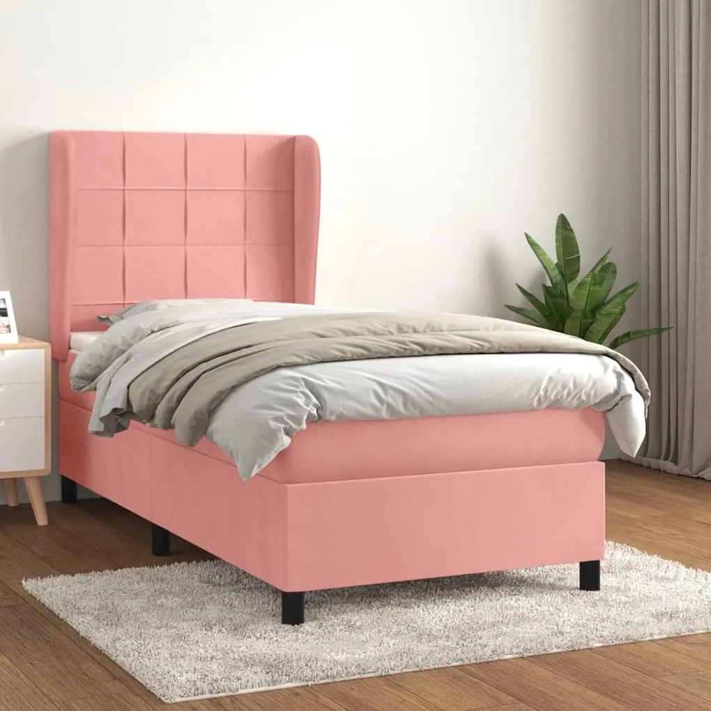 3129194 vidaXL Pat box spring cu saltea, roz, 90x200 cm, catifea
