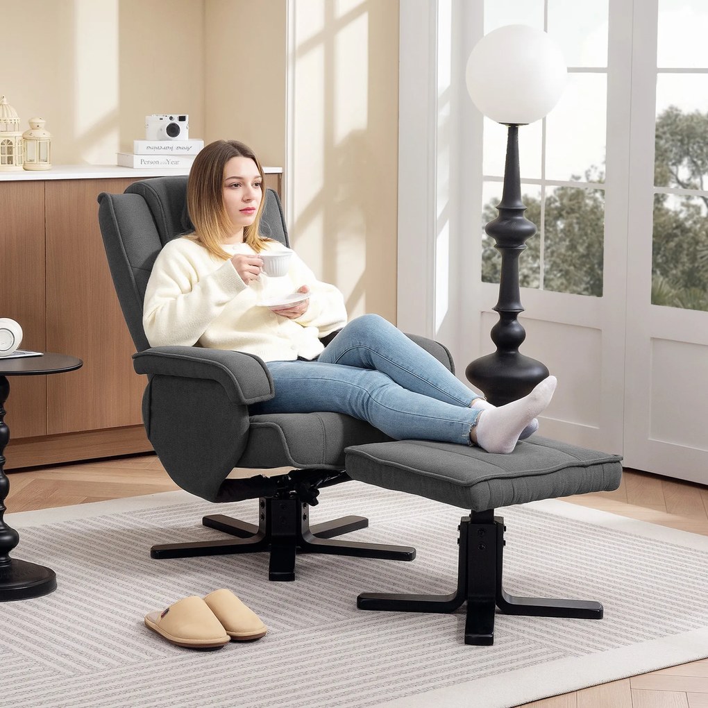 HOMCOM Fotoliu de relaxare leagăn cu taburet, tapiterie din material textil în aspect de catifea, fotoliu tapițat cu funcție de rotație de 360°, cadru de lemn, Gri | Aosom Romania